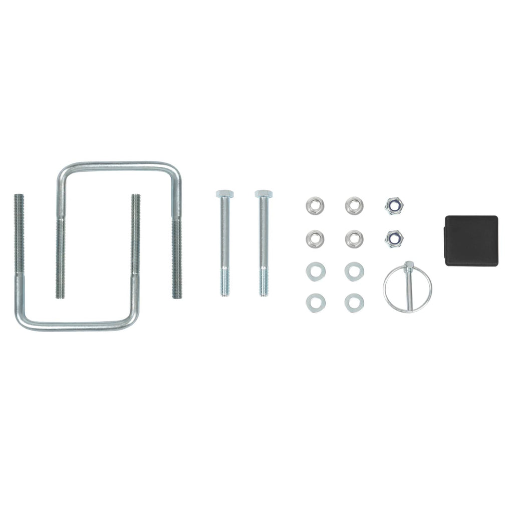 Powder-coated black swing arm assembly parts with bolts, nuts, washers, and bracket