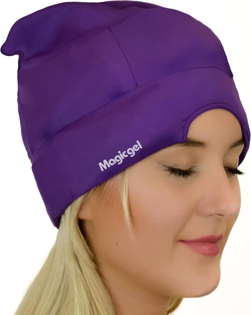 MagicGel purple gel head wrap cap on model, side logo detail