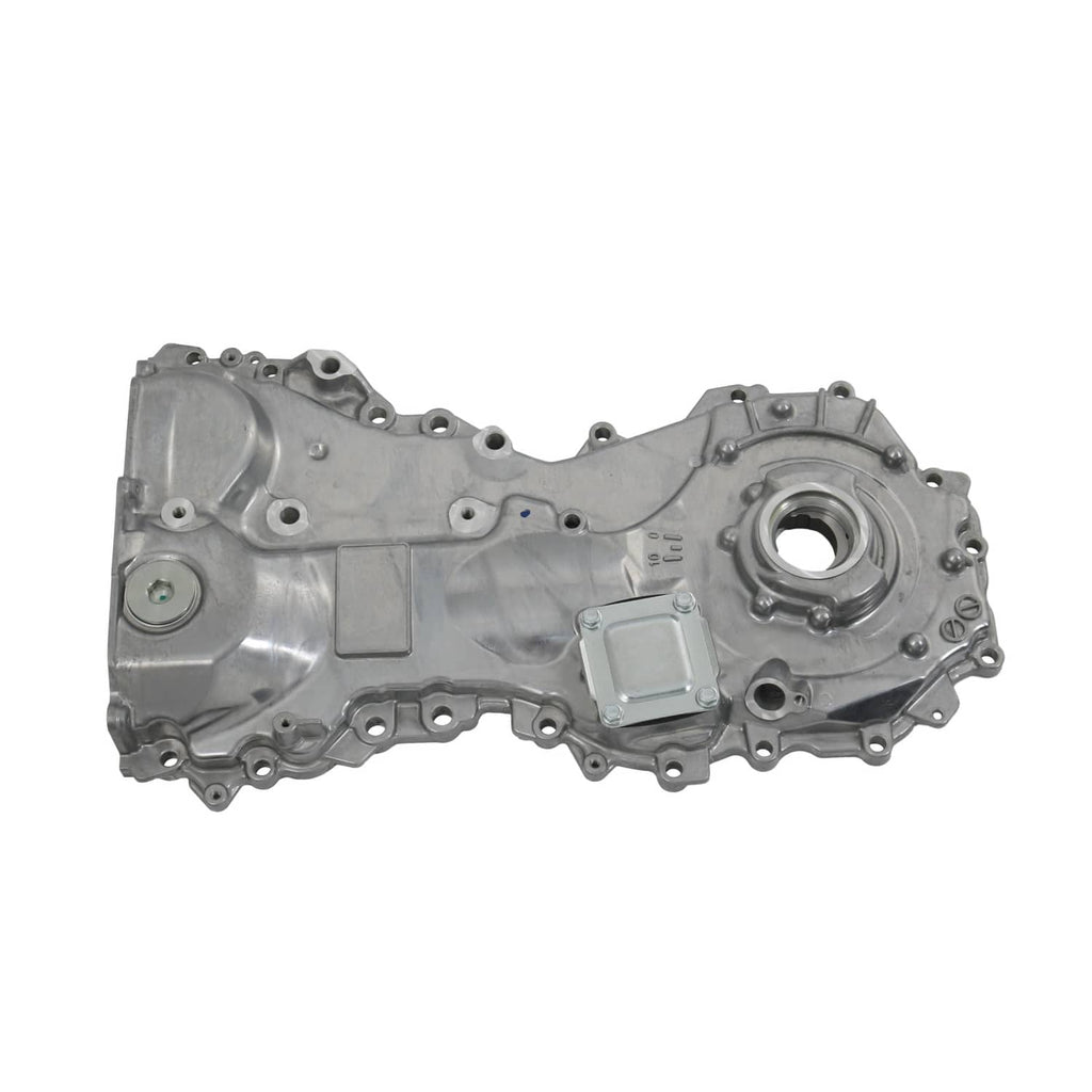 Oil pump housing assembly with circular inlet and rectangular access cover, cast metal