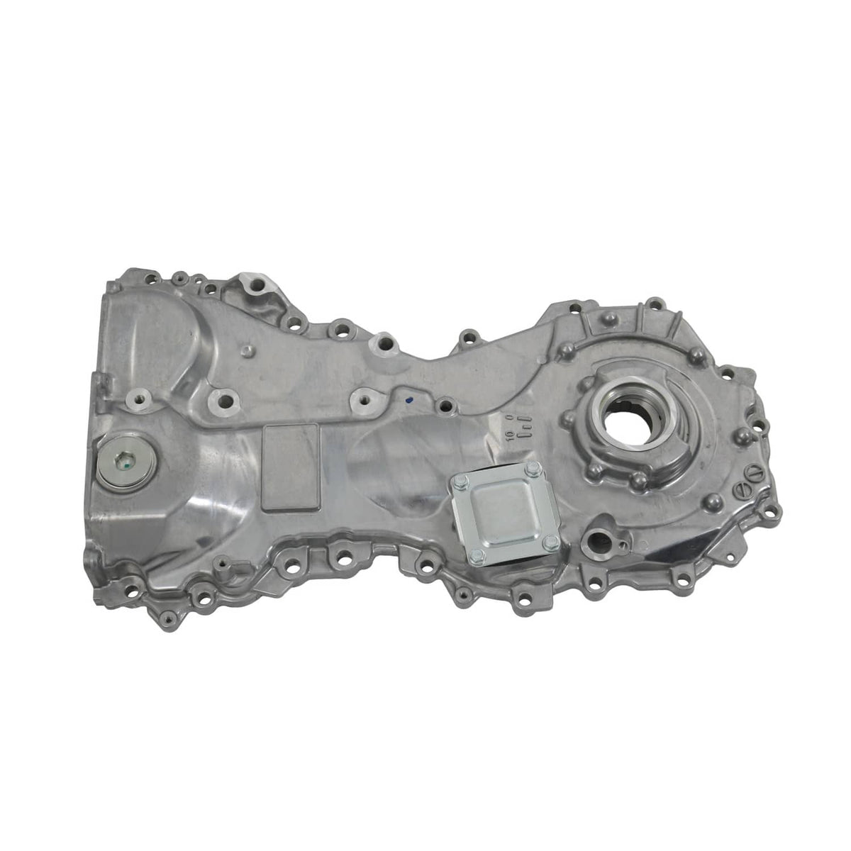 Oil pump housing assembly with circular inlet and rectangular access cover, cast metal