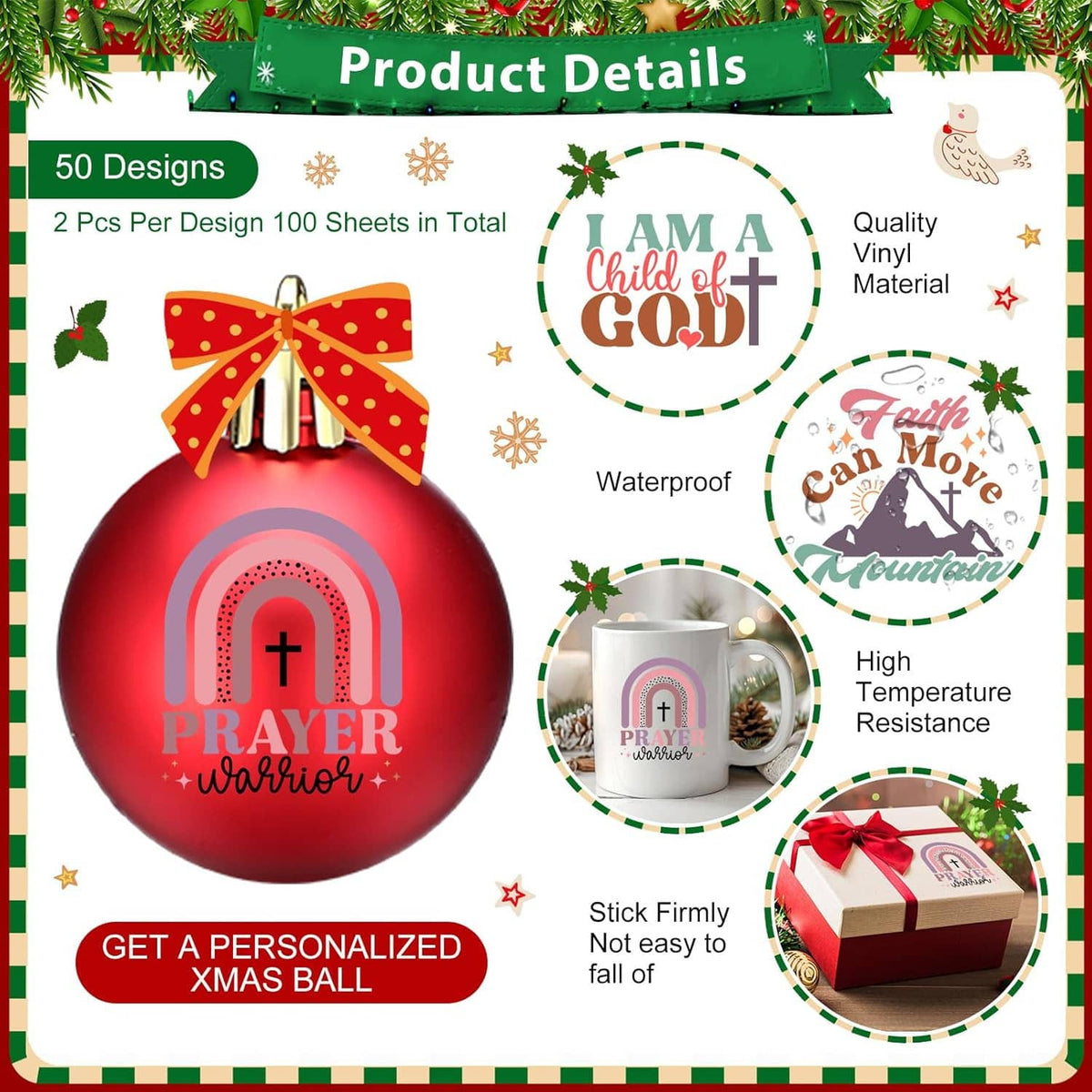 Package showing Christmas word stickers for crafts with 50 designs and waterproof vinyl claim