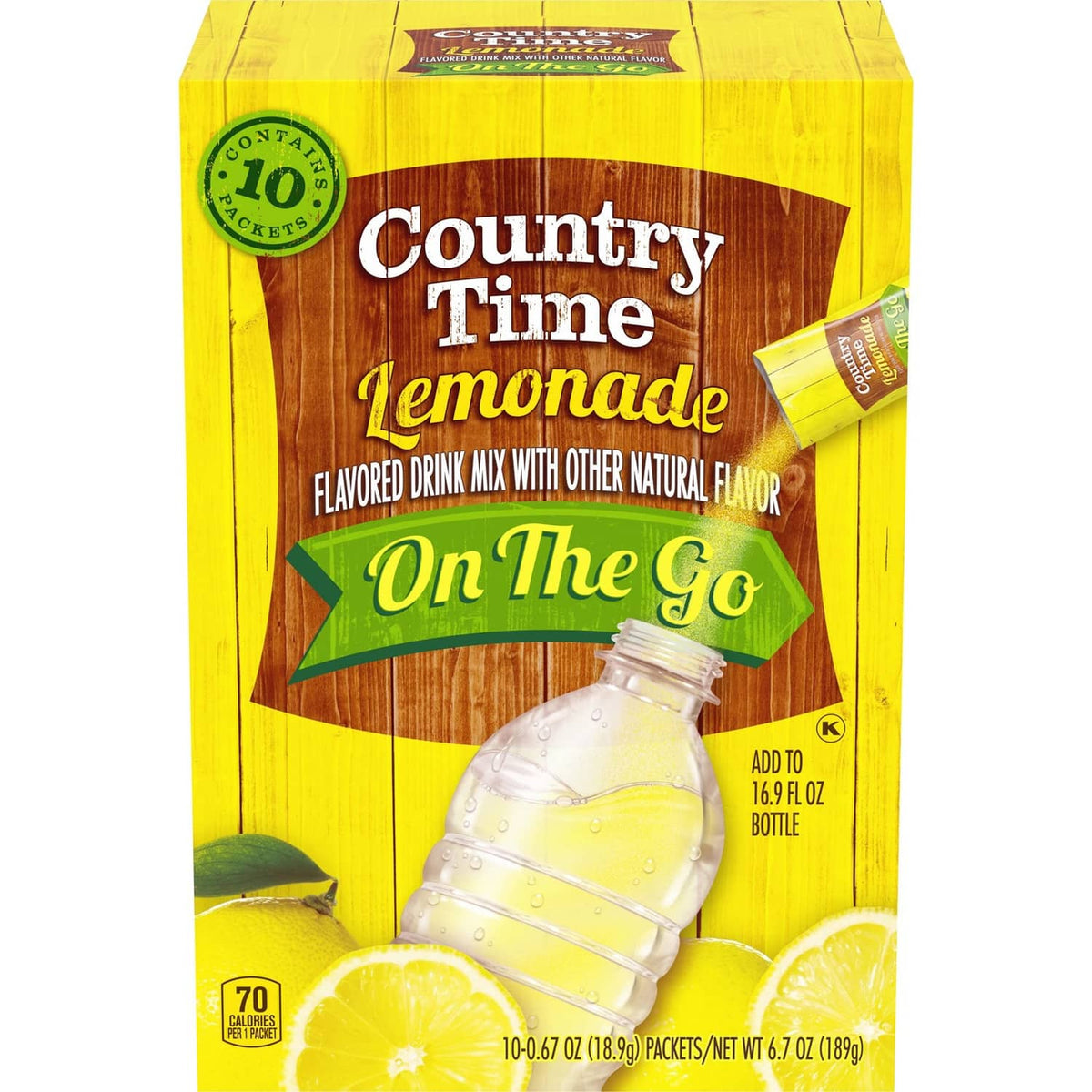 Country Time lemonade powdered drink mix box with On The Go label and lemon accents