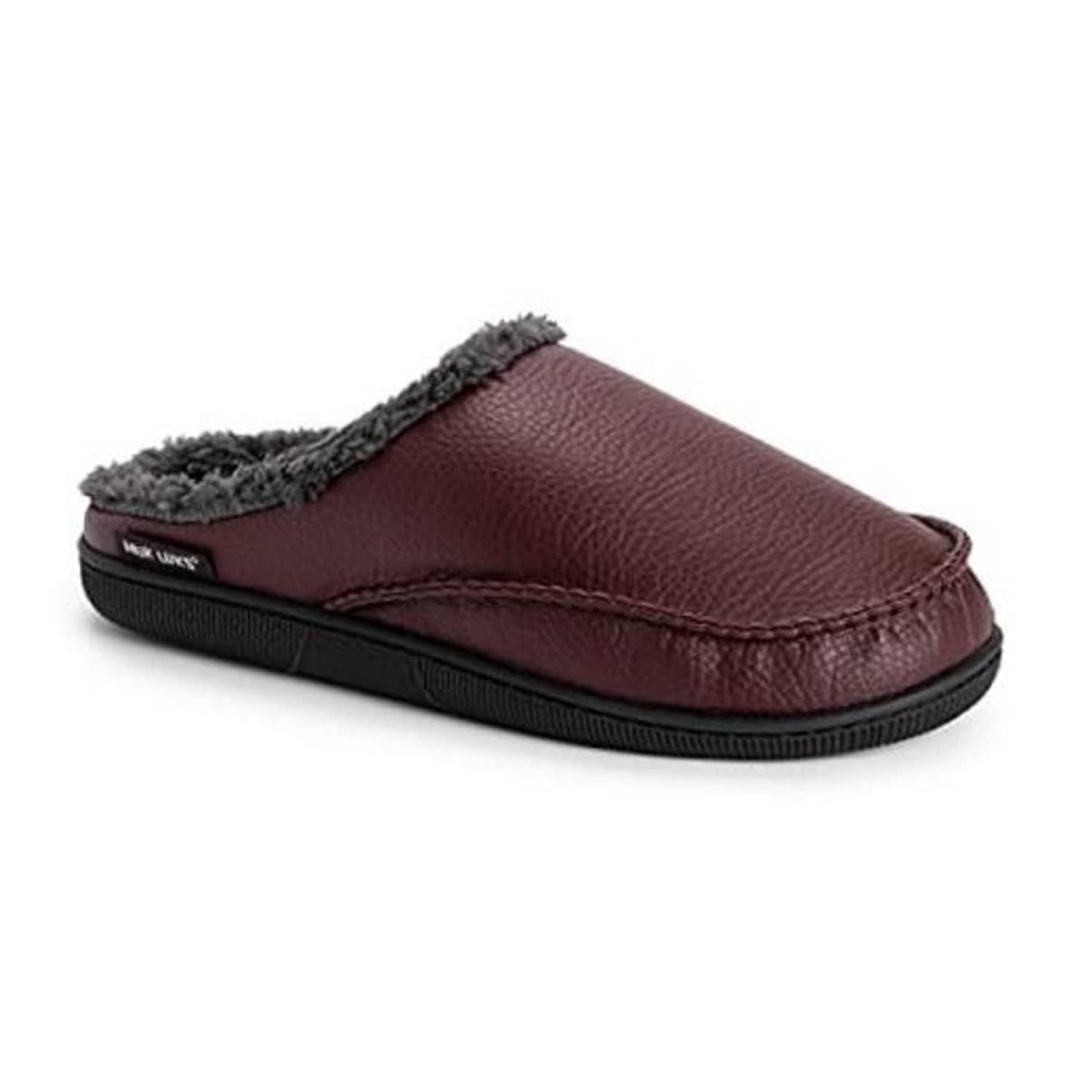 Men's faux leather clog with gray fuzzy lining, slip-on mule design, dark outsole