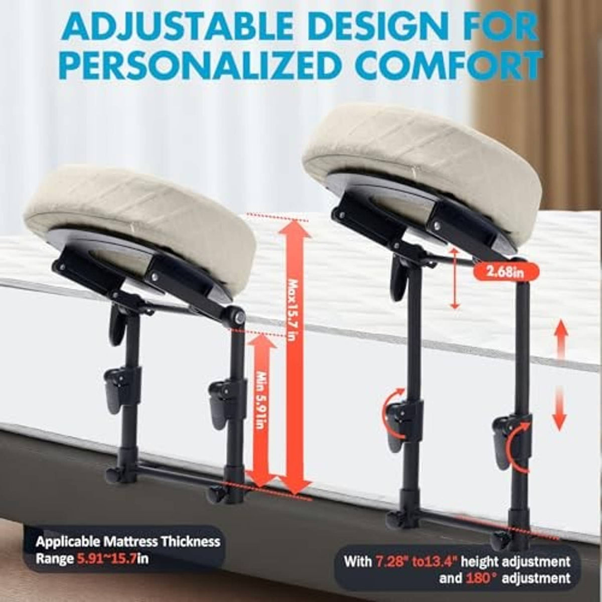 Adjustable bed massage headrest with two-position support and light beige pillow