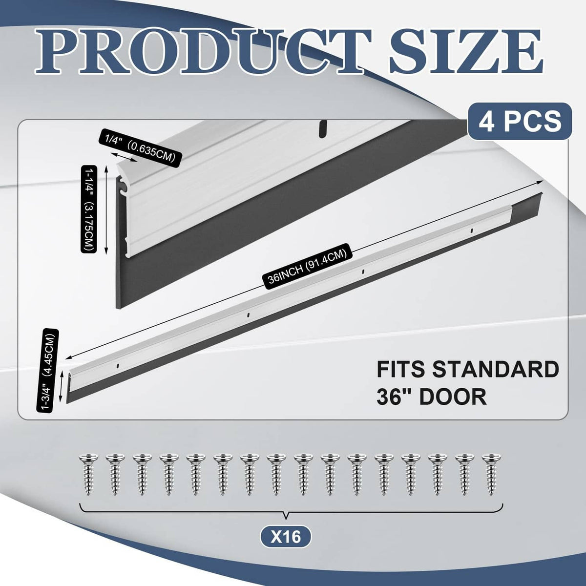 Four-pack door sweep with silver aluminum channels, black vinyl seals, and screws