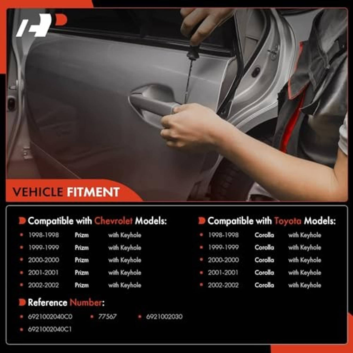 Smooth black exterior door handle with keyhole mounted on car door; hand pulling.