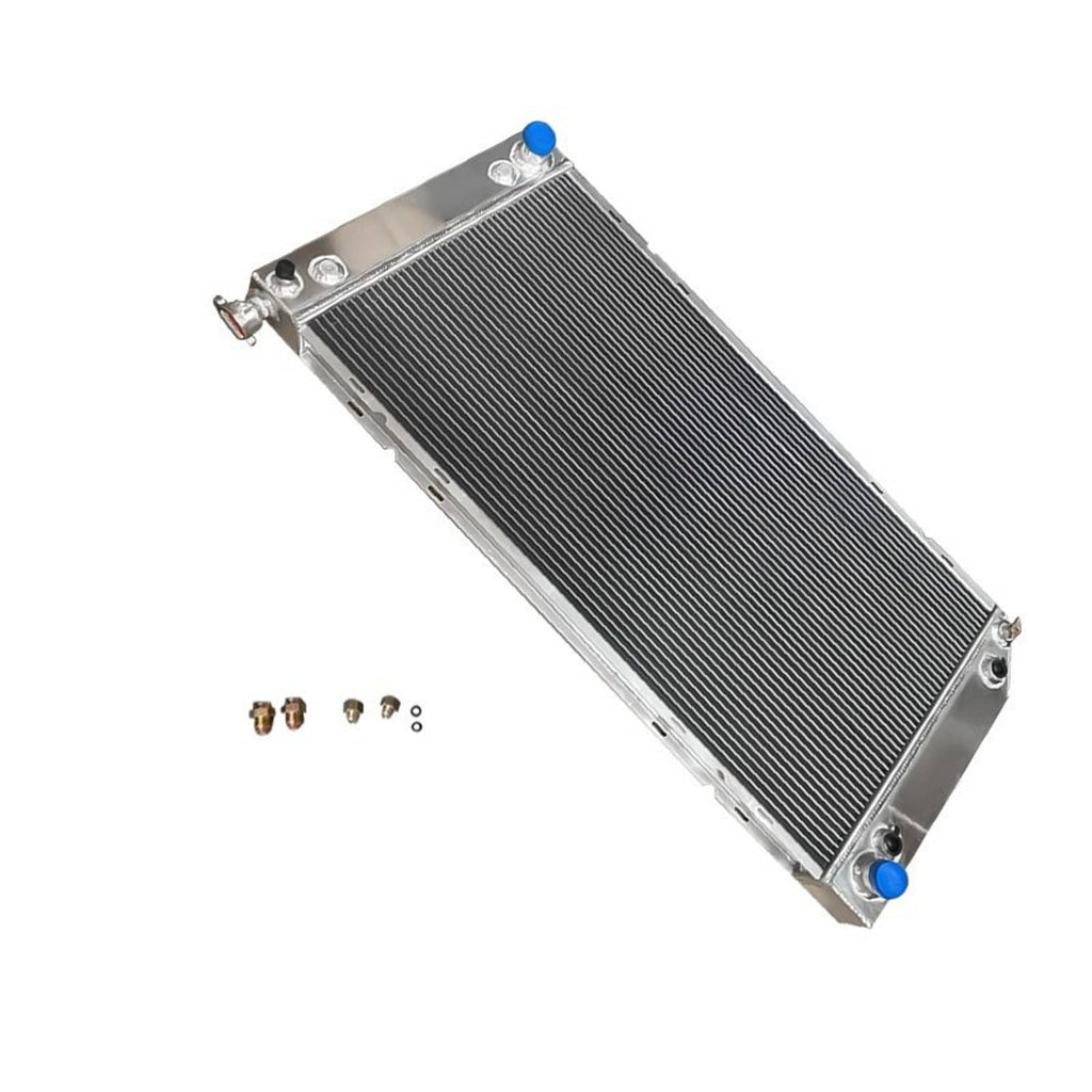 Aluminum 4-row radiator angled view with blue bushing and top vent neck
