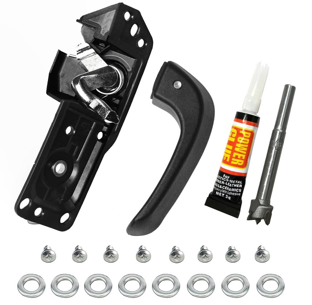 Black interior door handle repair kit with glue tube, drill bit and fasteners.