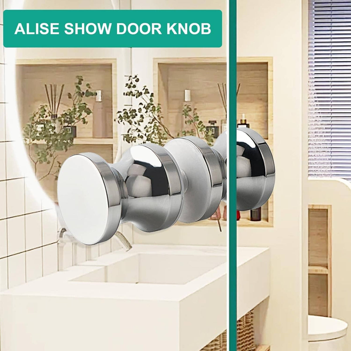 Polished chrome shower door knob handle on a glass sliding door panel