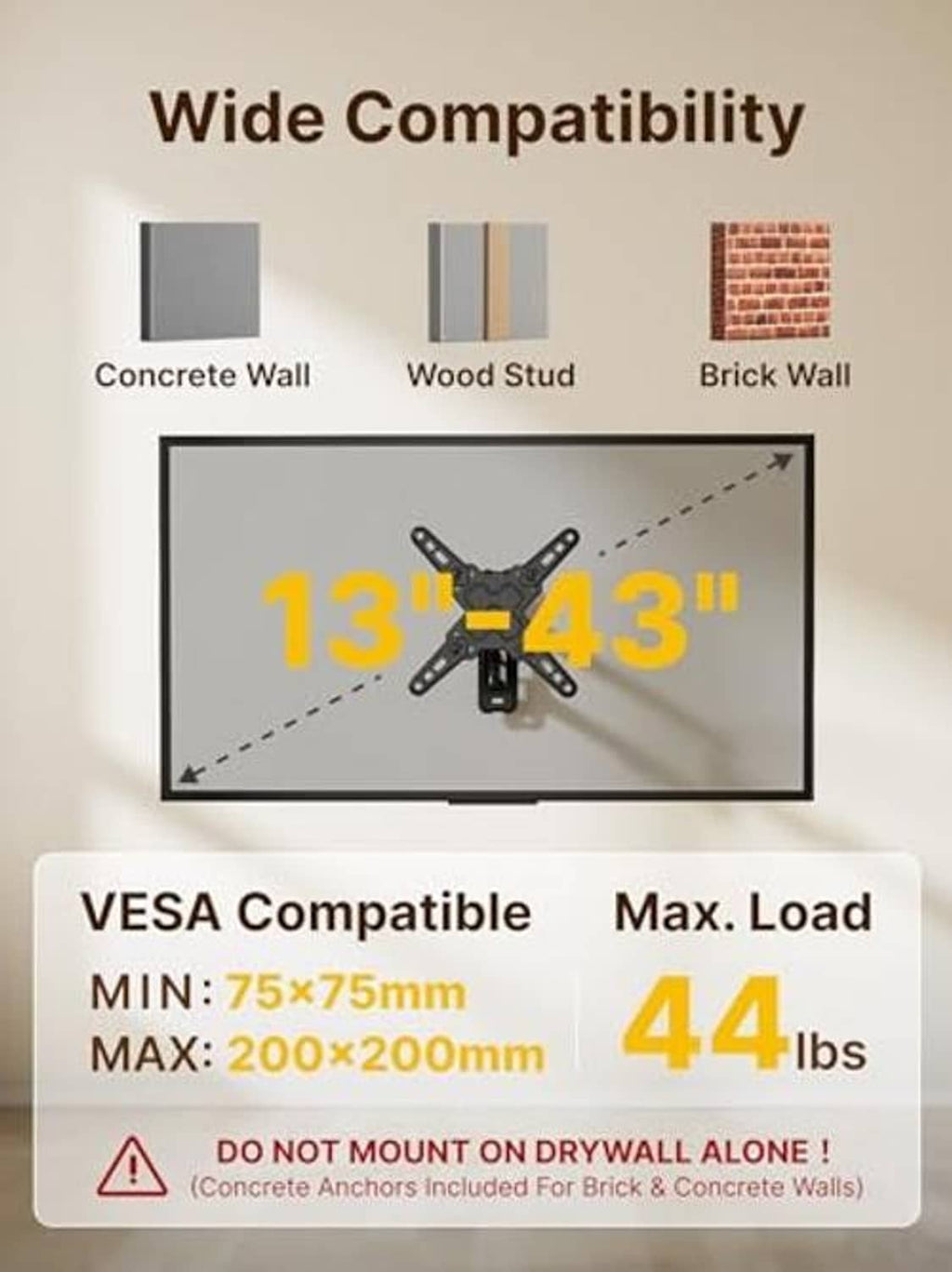 Full motion TV wall mount bracket with VESA mounting holes and metal support arms