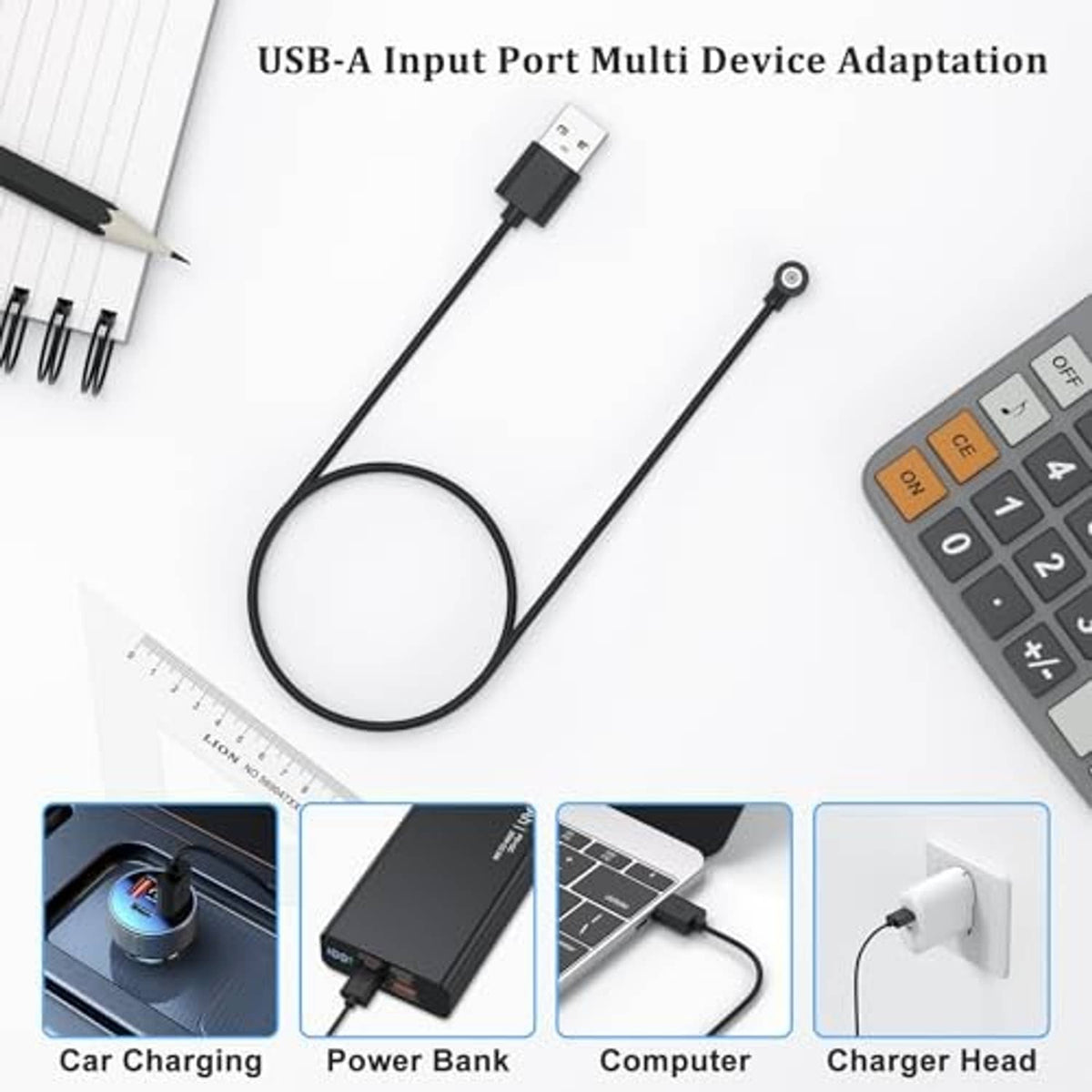 USB-A input black charging cable with magnetic end for ring charger