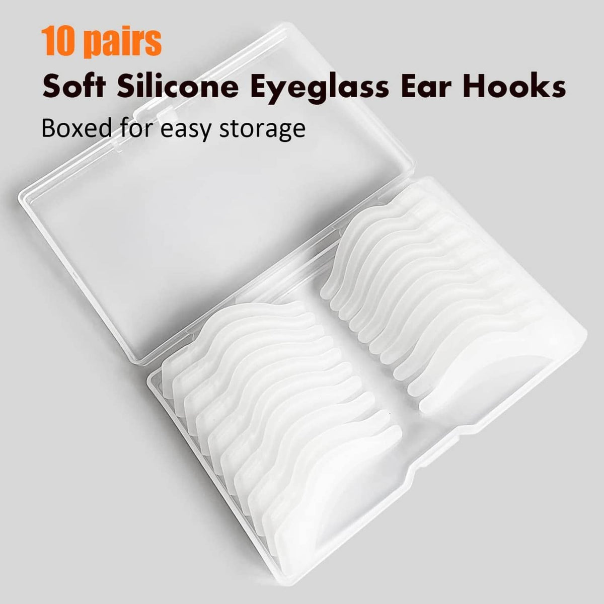 Boxed set of soft silicone eyeglass ear hooks in clear case, 10 pairs, white