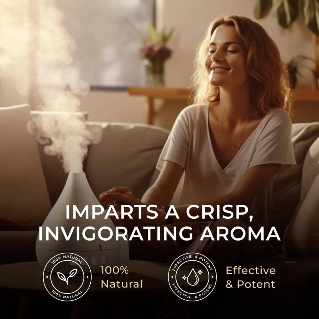 Peppermint essential oil for diffuser and hair, shown during a self-care moment