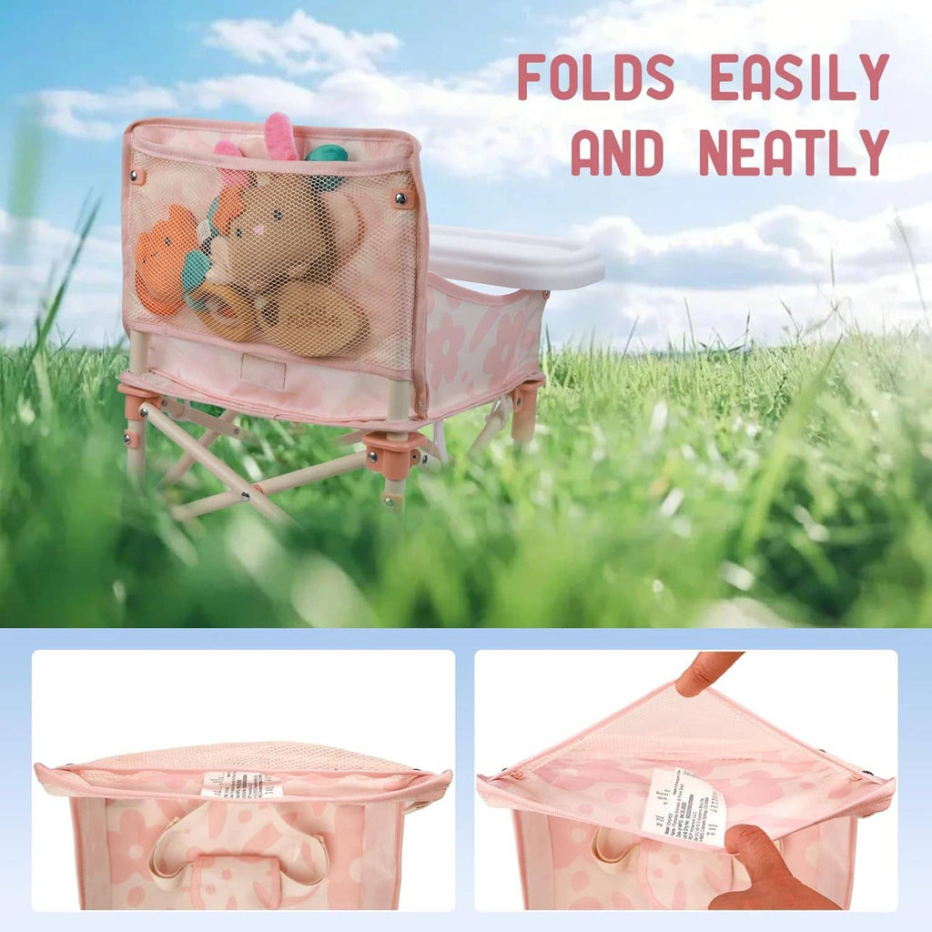 Pink foldable baby chair with mesh organizer and removable white tray