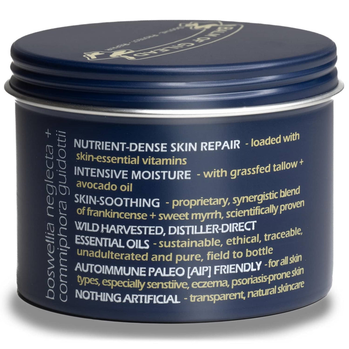 Foot healing cream jar with back label text on dark blue metal tin