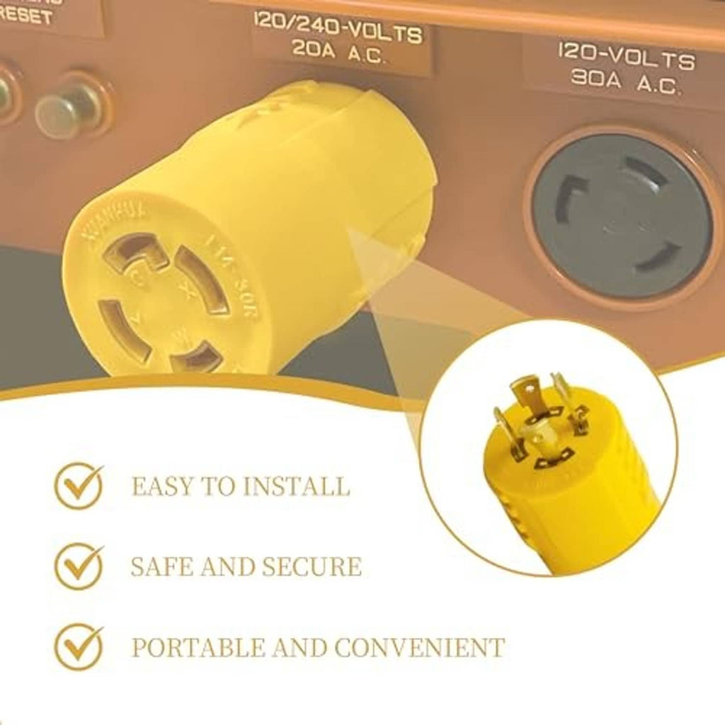 Yellow 4-prong twist-lock male plug inserted, NEMA L14-20P to L14-30R adapter