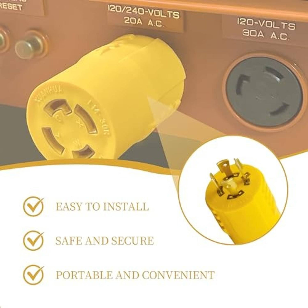 Yellow 4-prong twist-lock male plug inserted, NEMA L14-20P to L14-30R adapter