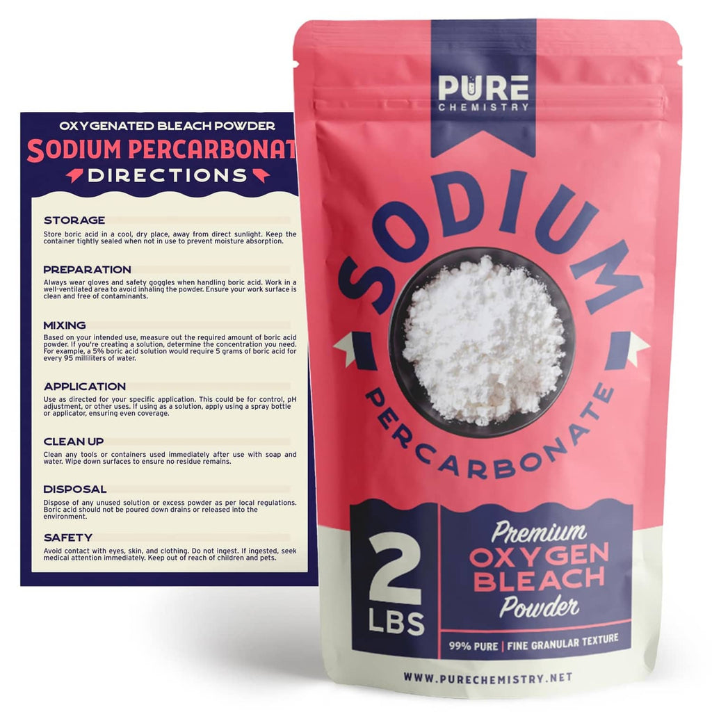 Sodium percarbonate oxygen bleach powder pouch with 2 lb label, filled with white powder