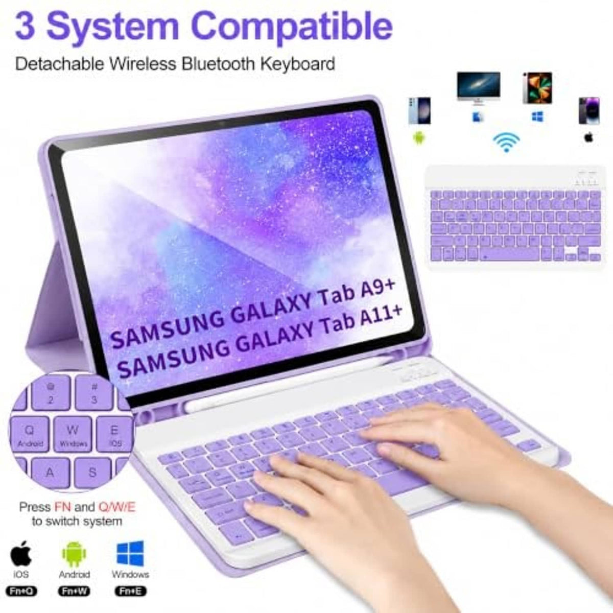 Purple detachable Bluetooth keyboard case for tablet with purple key layout