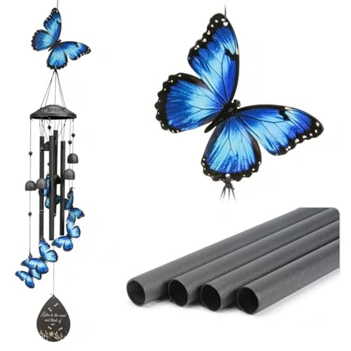 Blue butterfly metal wind chime with black tubes and blue butterfly accents