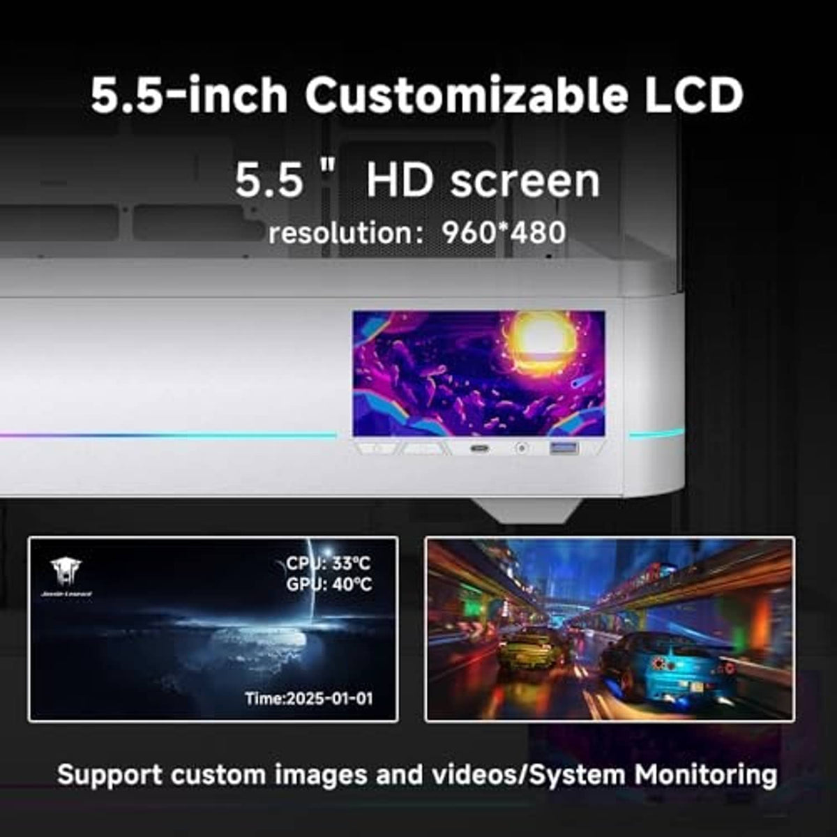 White ATX PC case with 5.5-inch LCD display showing colorful system monitoring