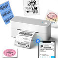 White Bluetooth shipping label printer with barcode label and smartphone preview