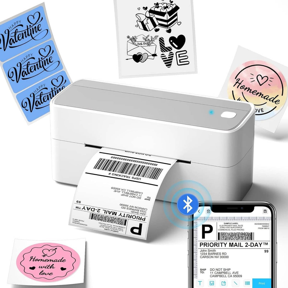 White Bluetooth shipping label printer with barcode label and smartphone preview