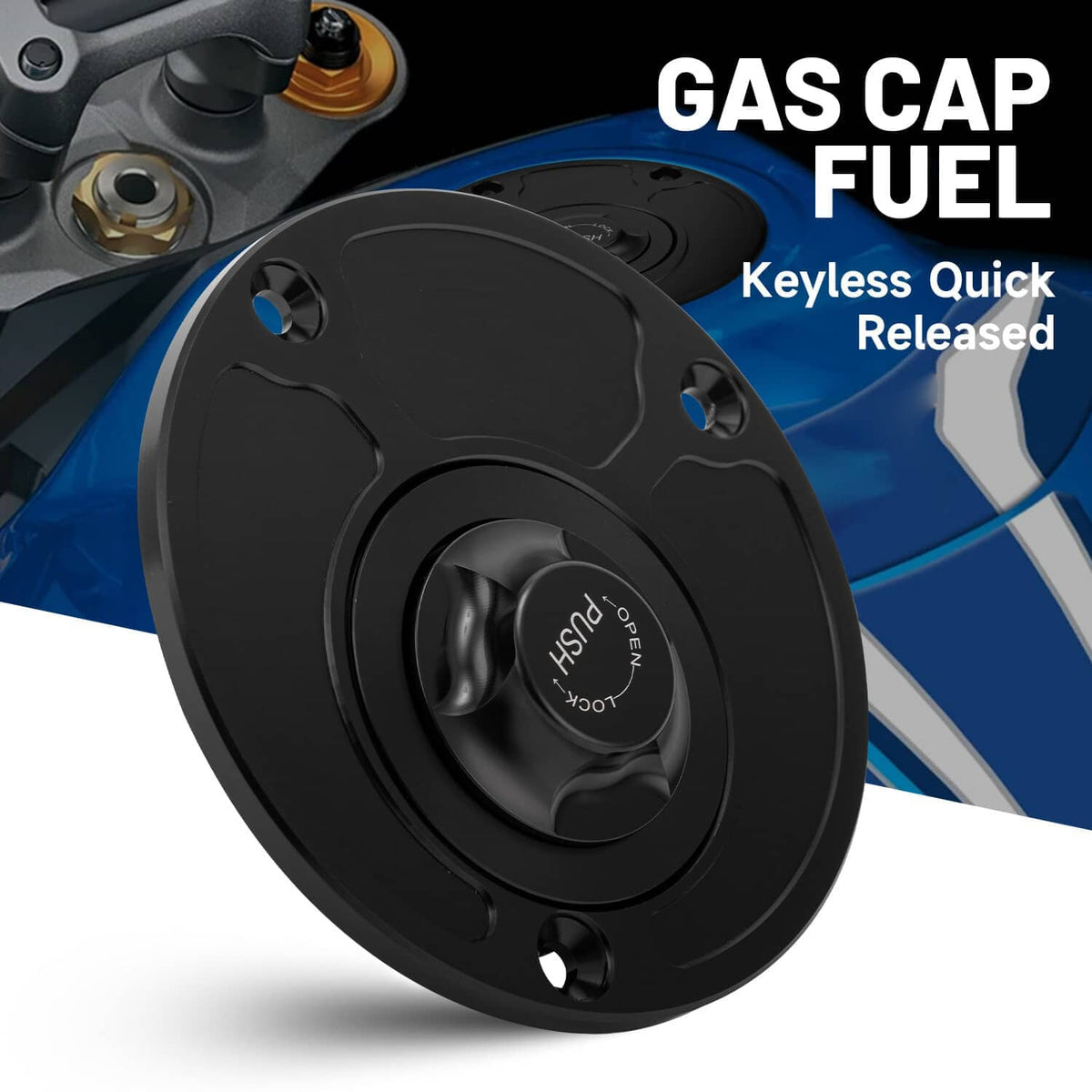 Black fuel tank gas cap close-up on motorcycle with keyless quick-release center