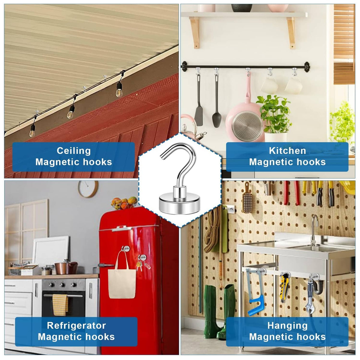Magnetic hooks shown for ceiling, refrigerator, and hanging storage in a four-panel layout