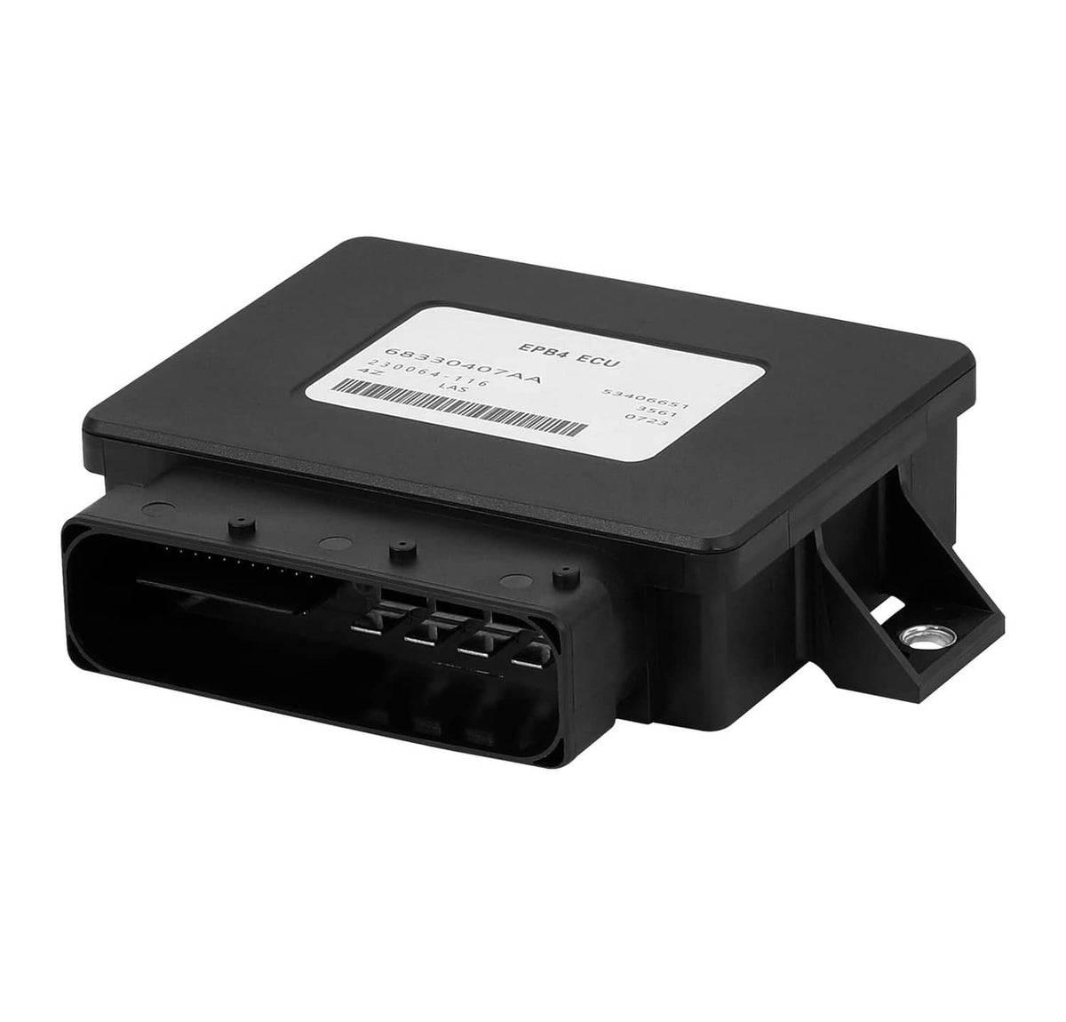 Black parking brake control module with barcode label and open electrical connector