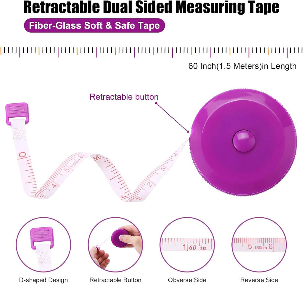 Retractable dual-sided measuring tape with purple reel, D-shaped end, 60 in