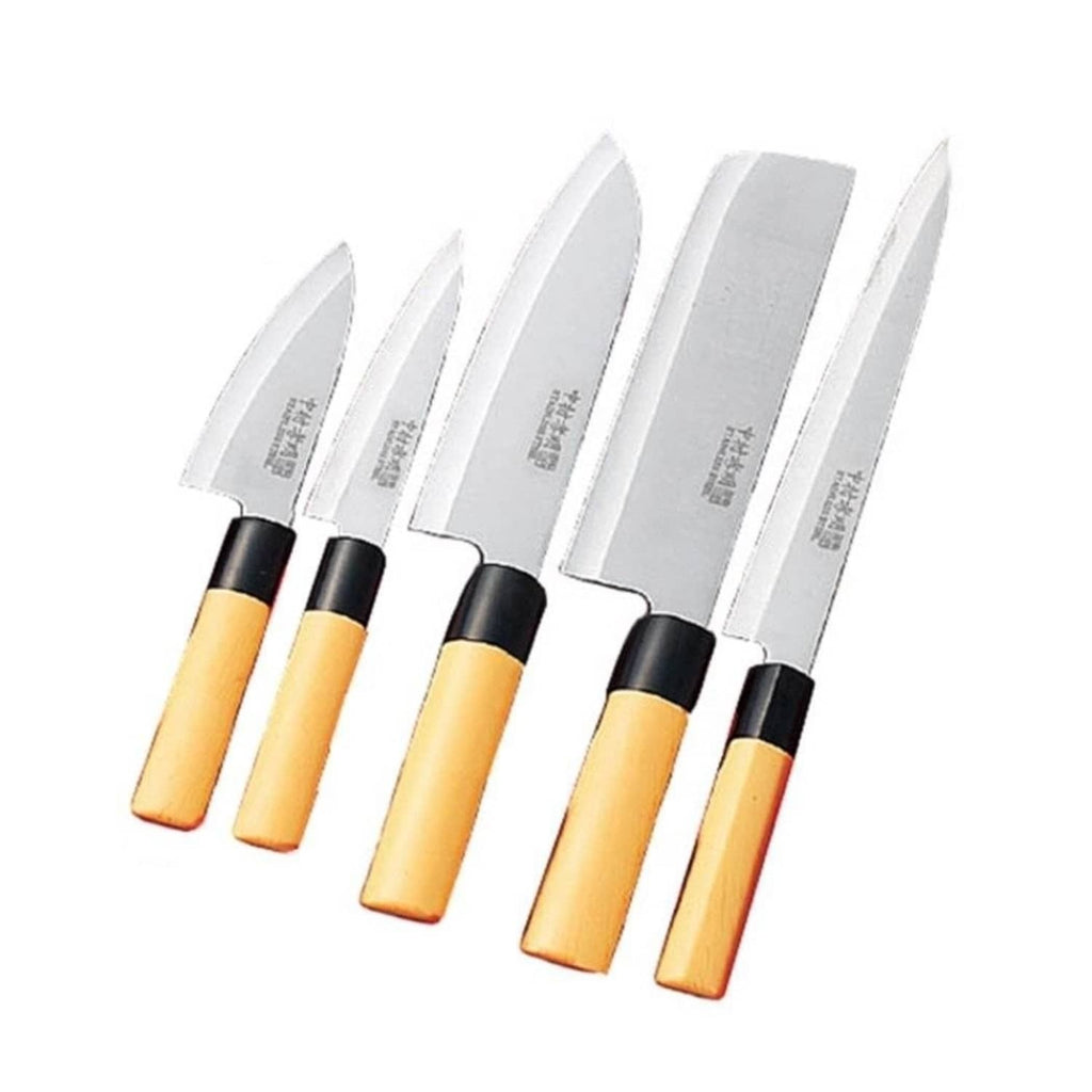 Set of 5 Japanese kitchen knives with light wood handles and black ferrules