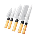 Set of 5 Japanese kitchen knives with light wood handles and black ferrules