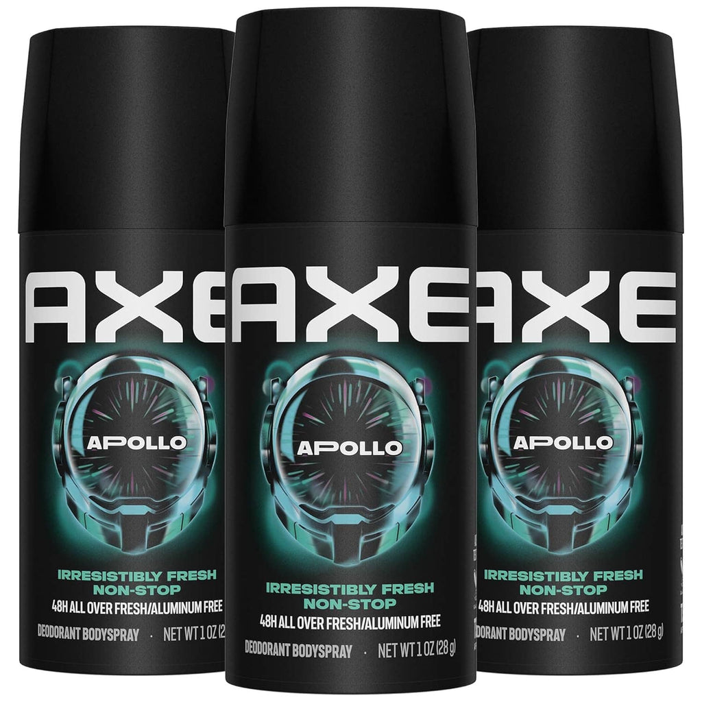 Three AXE Apollo deodorant sprays in dark aerosol cans with teal Apollo emblem