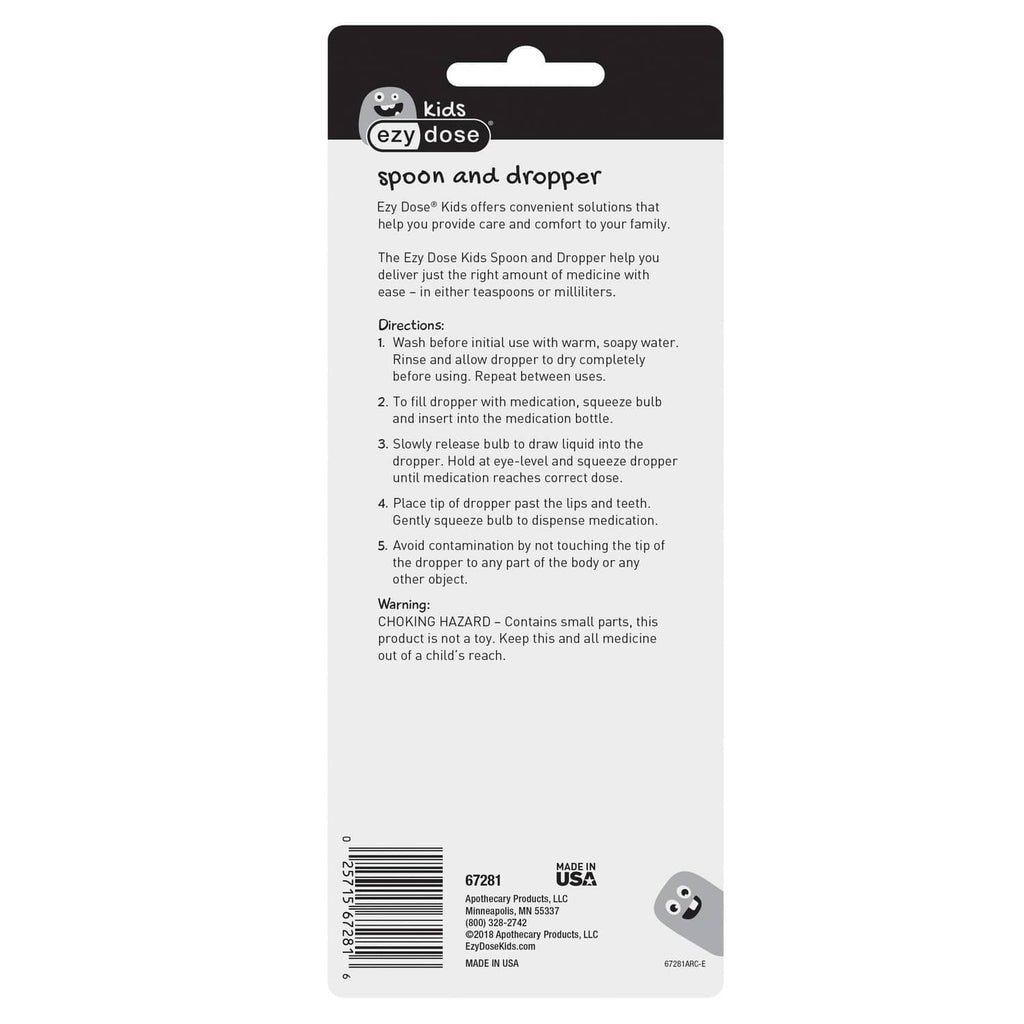 Kids spoon and dropper kit package back with measurement marks and usage instructions