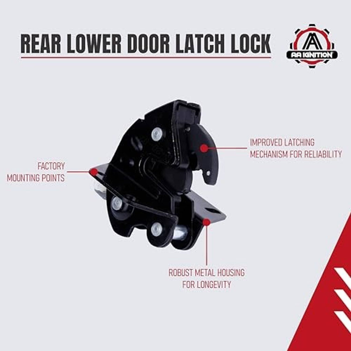 Black rear lower door latch lock with labeled improved latch mechanism and housing