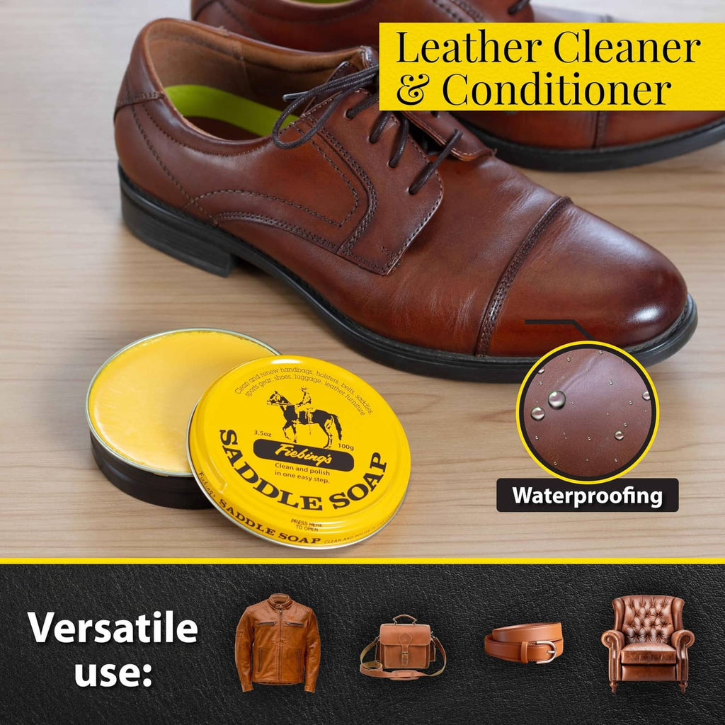 Yellow saddle soap tin beside brown leather shoes with highlights