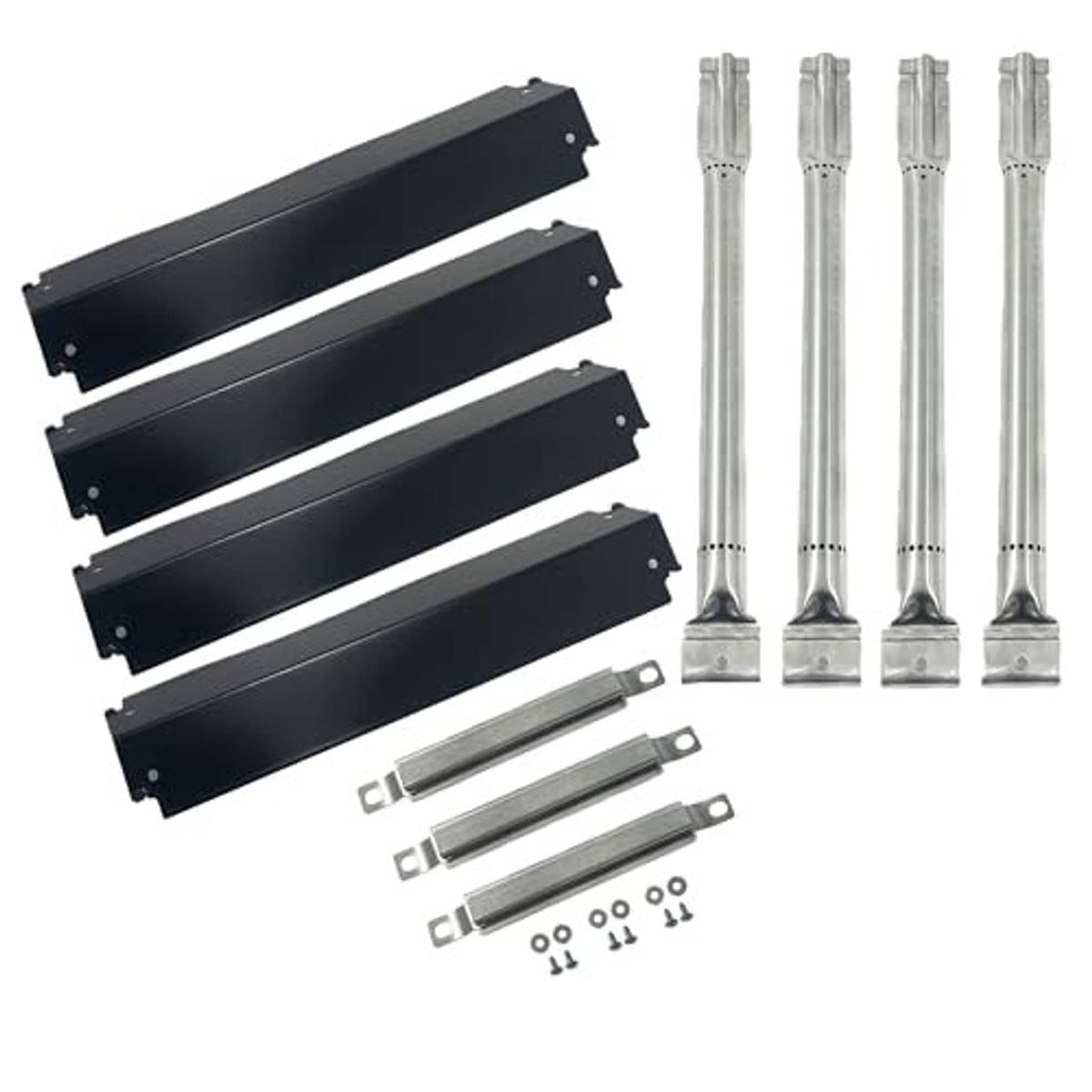Gas grill parts kit with four stainless burner tubes, black heat plates, hardware