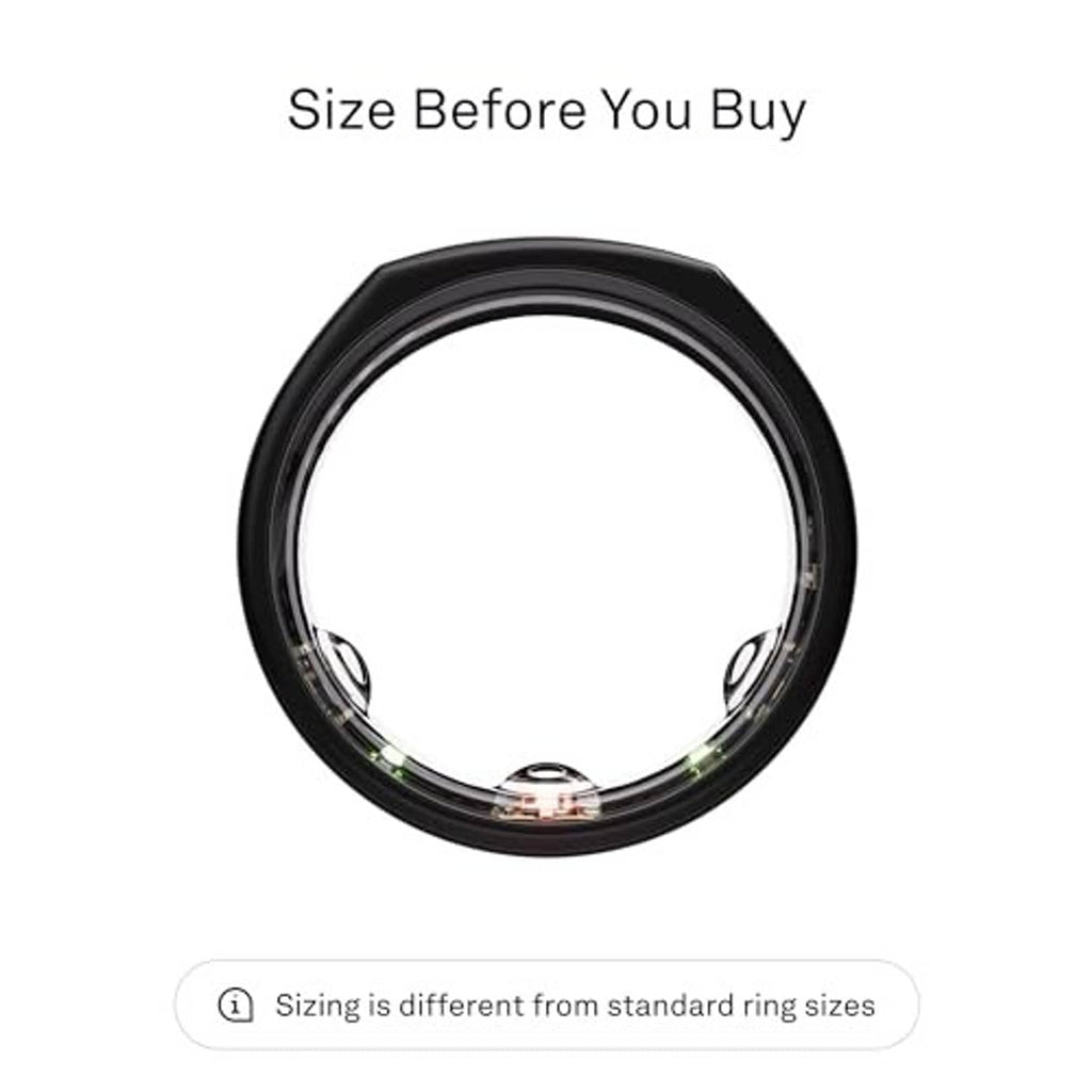 Oura black smart ring top view with inner sensor array visible