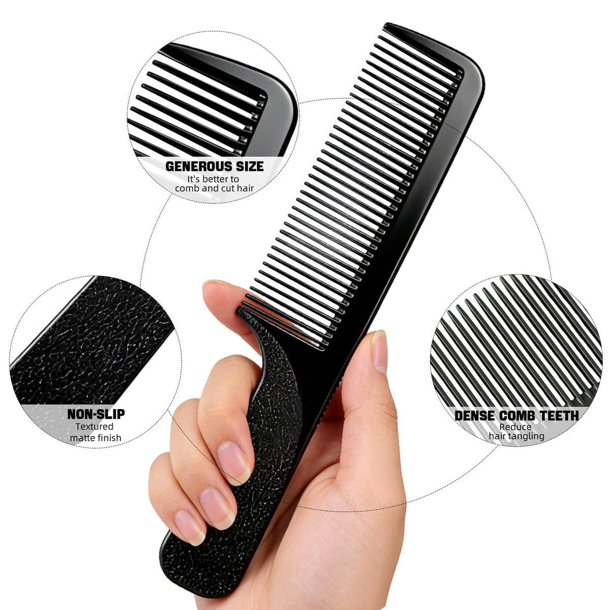 Black barber hair comb with dense fine teeth and textured non-slip grip handle