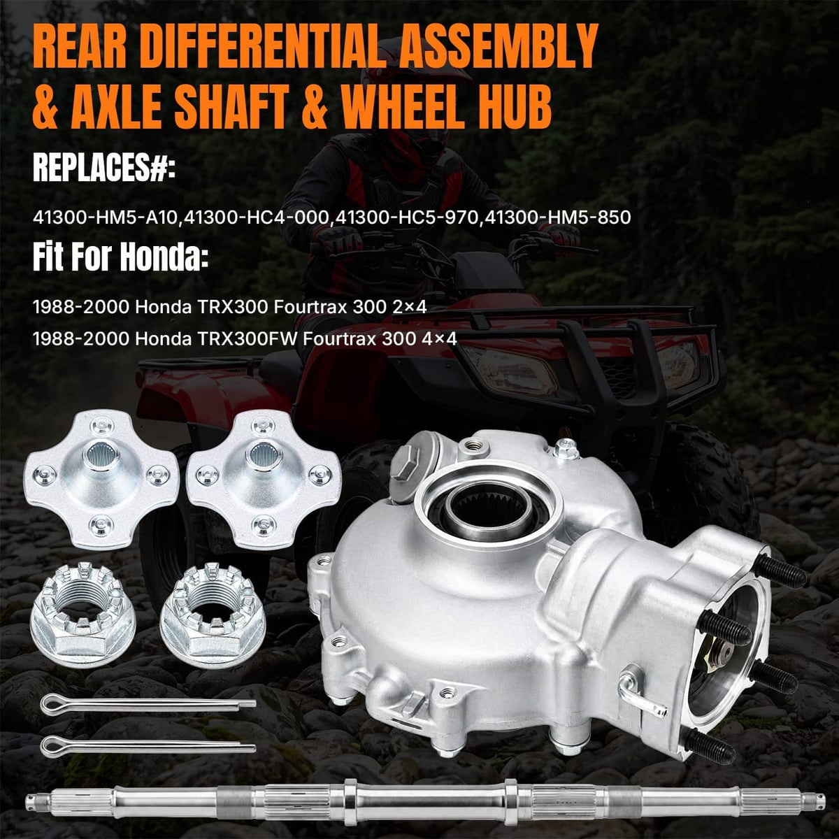 Rear differential assembly with axle shaft, two wheel hubs, and mounting hardware