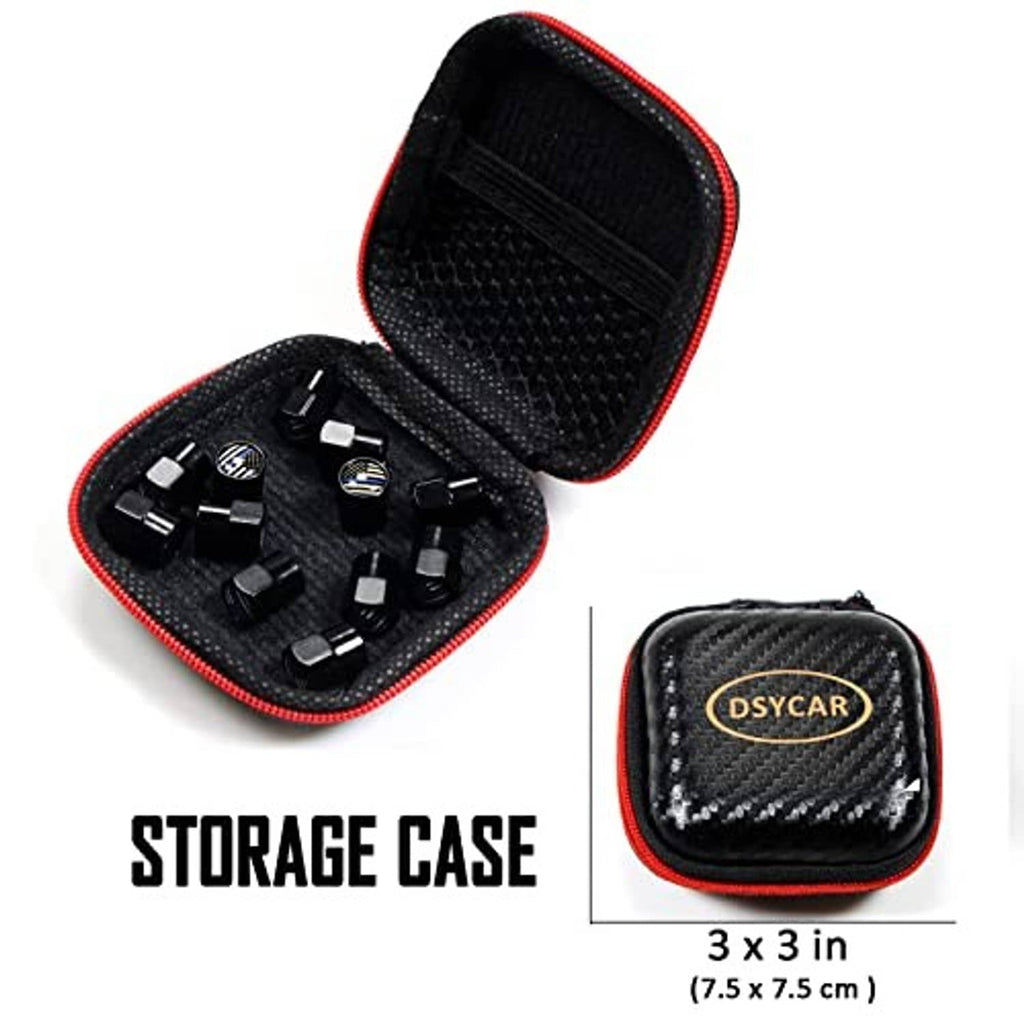 Black thin blue line valve caps stored in a small red-edged carry case