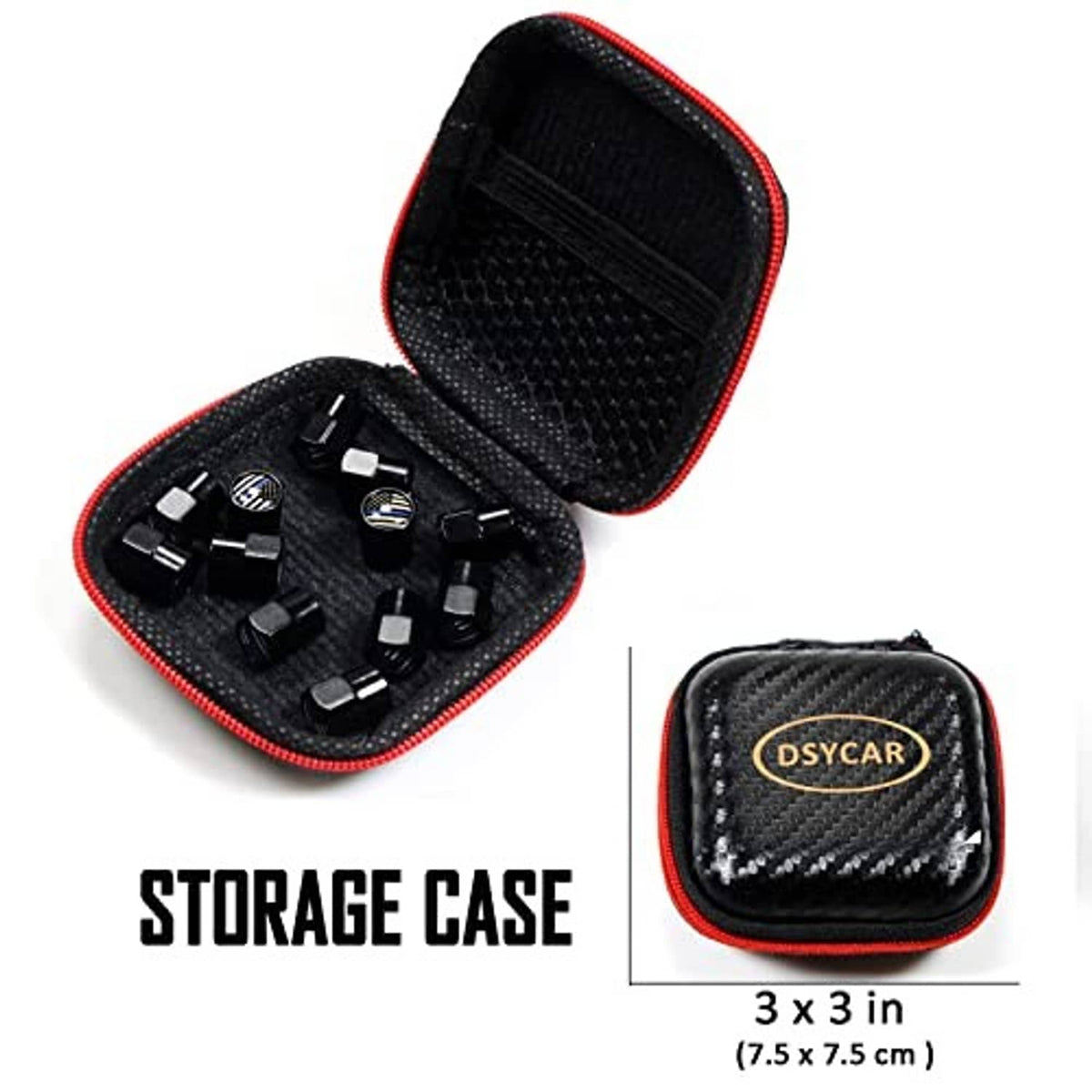 Black thin blue line valve caps stored in a small red-edged carry case