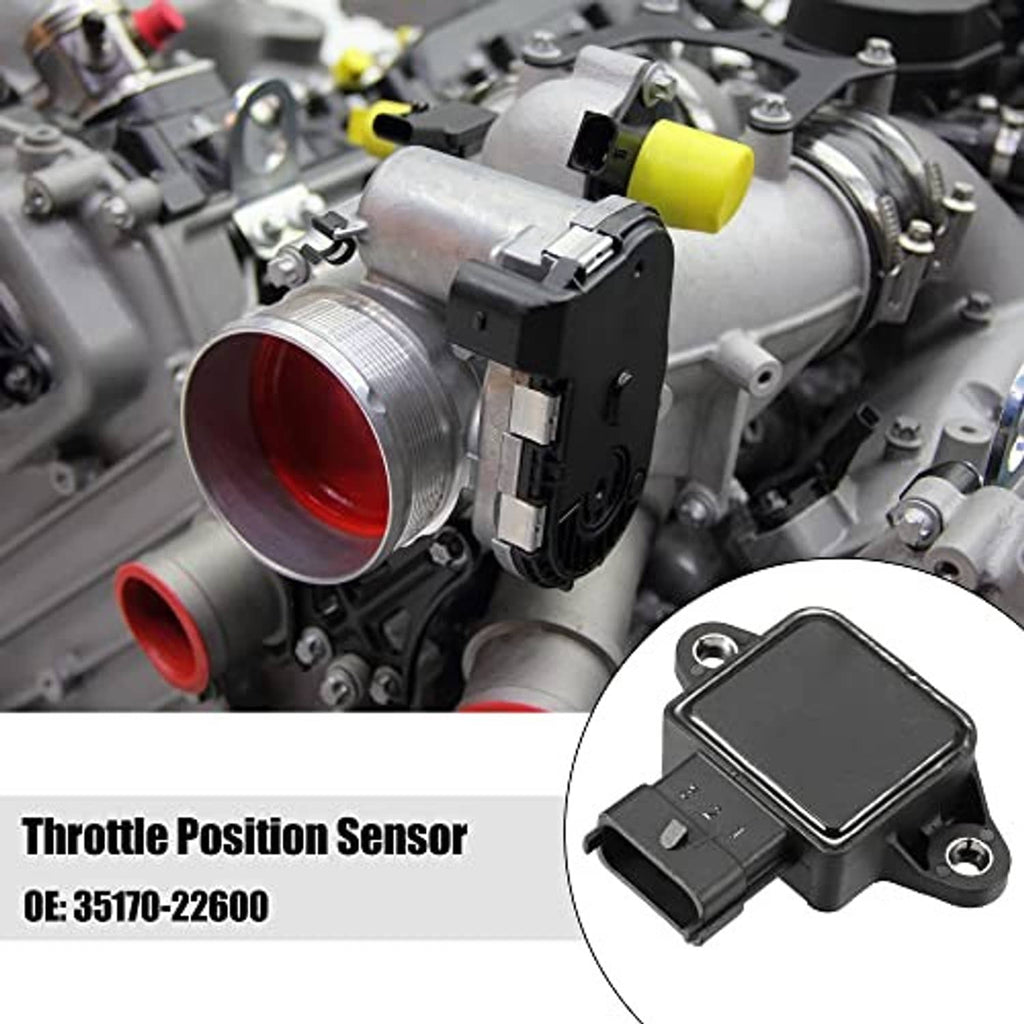 Throttle position sensor with black housing and gray connector, mounted on engine