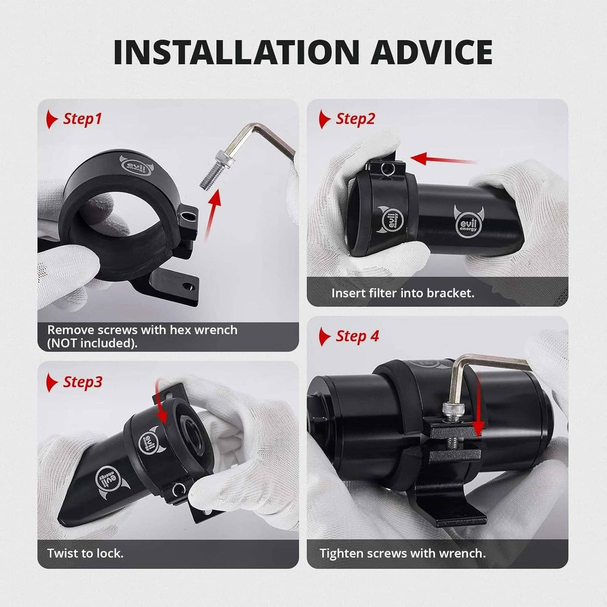 Black 60mm fuel filter mounting bracket with filter inserted during installation