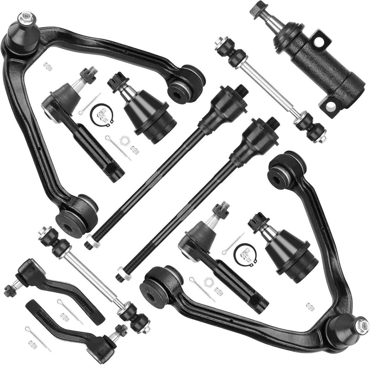 Front suspension kit parts assortment, black control arms and tie rod components