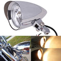 Chrome bullet motorcycle headlight with mounting bracket and clear lens, front view
