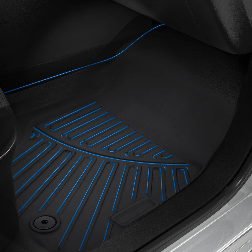Blue-accented TPE floor mat with ridged grip lines and raised drainage channels