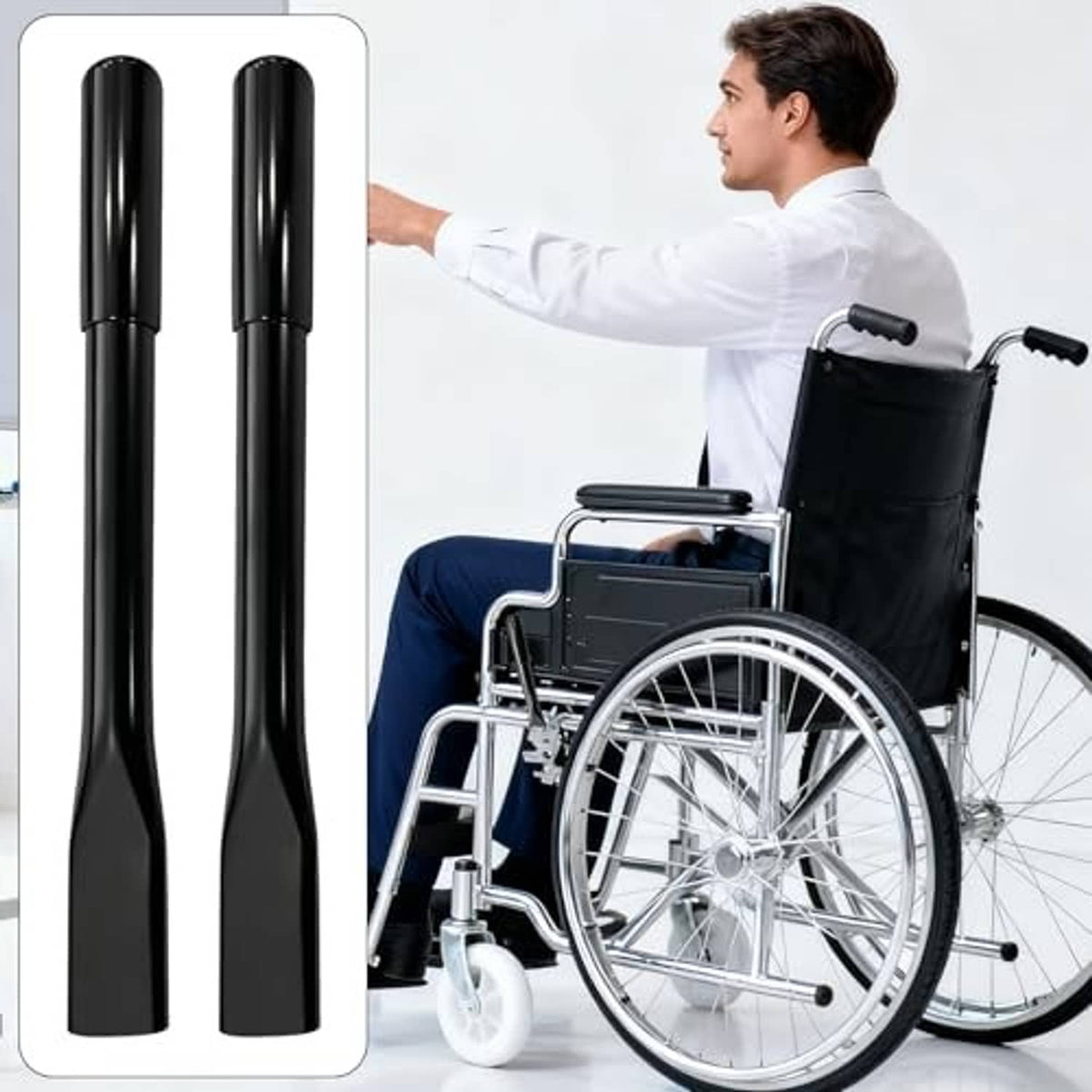 Pair of black wheelchair brake handle extenders shown beside a wheelchair