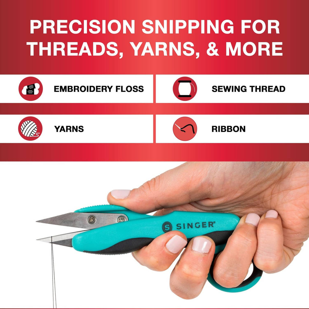 Precision thread snips for embroidery floss, sewing thread, yarn, and ribbon